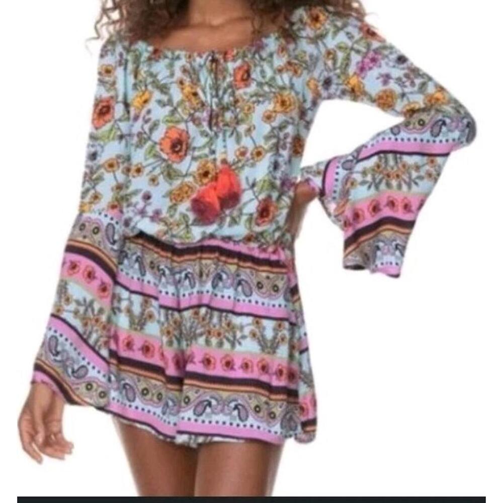 Maaji Everyday Light Calix Romper Small Off Shoulder Tassel Tie Bell Sleeve